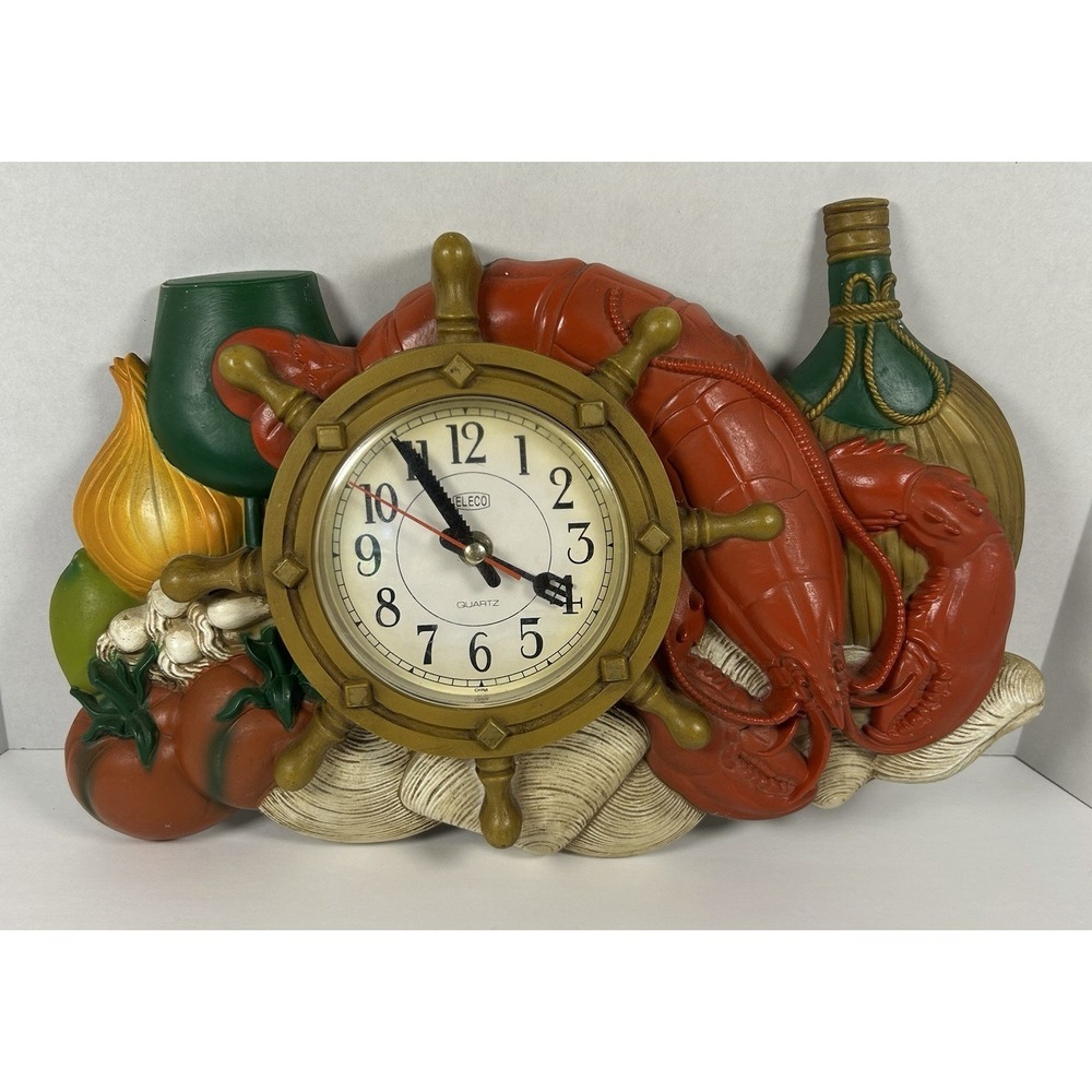 VTG ELECO Kitchen Wall Clock Quartz Lobster Veggies Ship Wheel Tested/Working